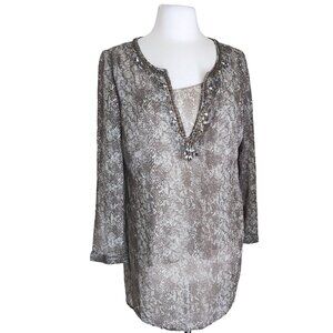 Chicos Embellished Chiffon Tunic Cami sz 1 M 8/10 Brown Snake Print Beaded Sheer
